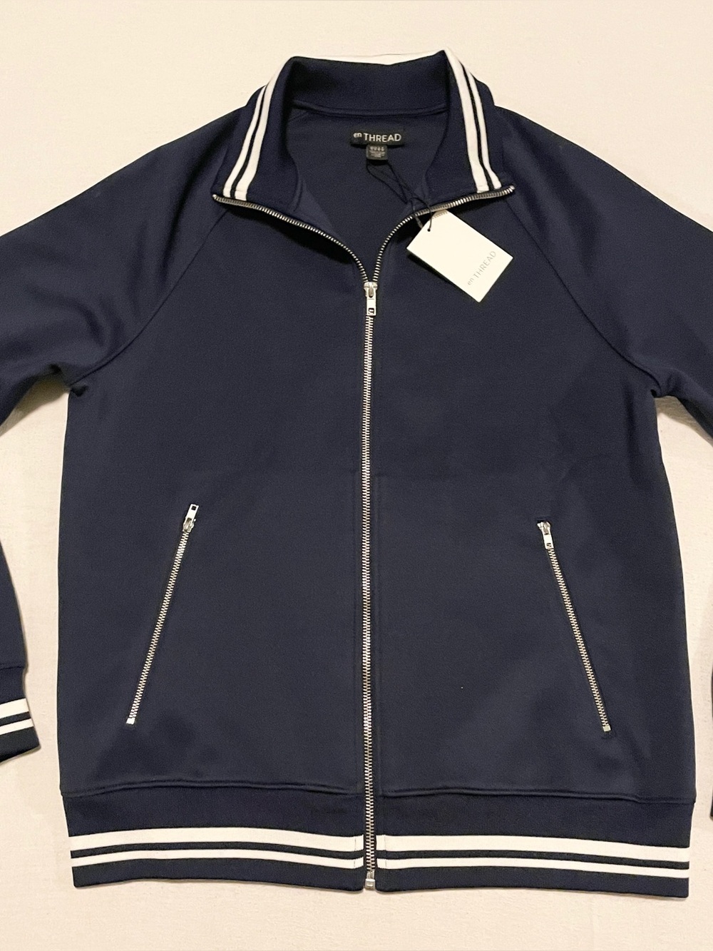 en THREAD Navy Blue Full Zip Track Jacket Sporty White Stripes Size Small Flaws - Picture 2 of 16